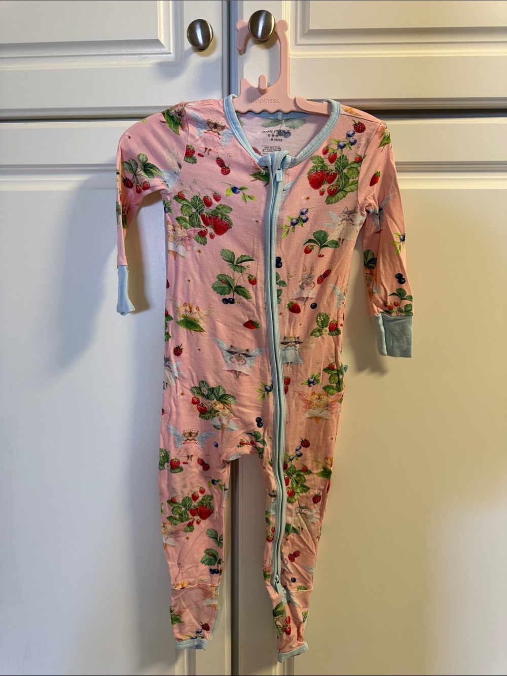 Posh Peanut Pink Strawberry Print Footie with Light Blue Trim